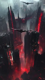 Vampiric drones over neon red cyberpunk megacity at night.