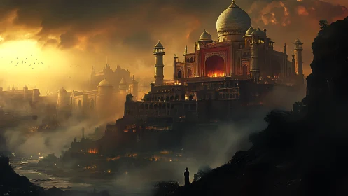 Ember-drenched palace at dusk watched from a shadowed ravine.