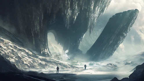 Colossal ice cavern towers over lone winter explorers.