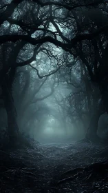 Dense fogbound forest corridor uses chiaroscuro to shape depth
