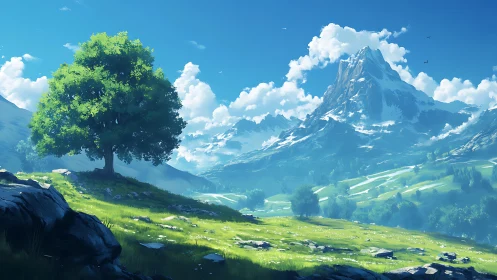 Sunlit alpine meadow with isolated oak and stratified peak