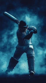 Cricket batter drives under dramatic blue stadium smoke.