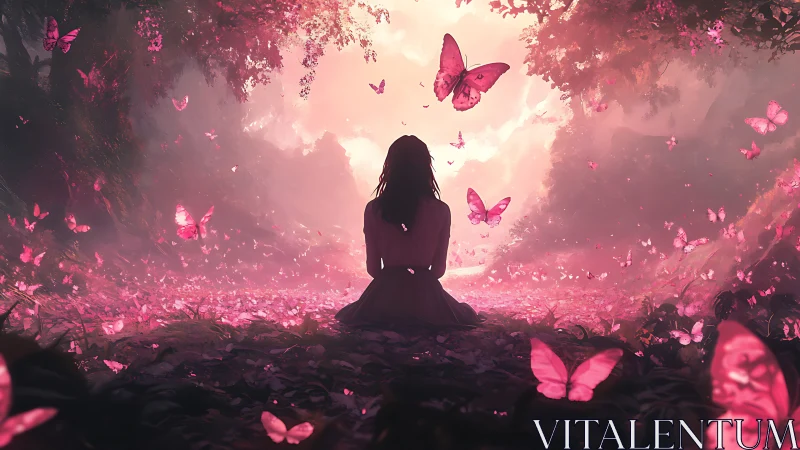 Enchanted girl in pink butterfly forest at glowing dusk.