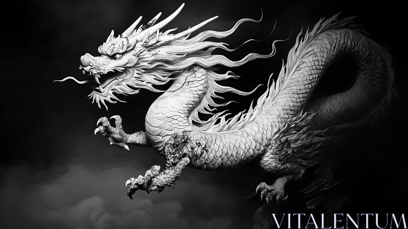 High-contrast monochrome 3D render of coiled Eastern dragon.