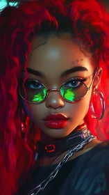 Bold red-haired girl in neon glasses meets your steady gaze