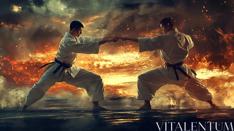 Fiery martial artists hold a powerful stance over glowing water