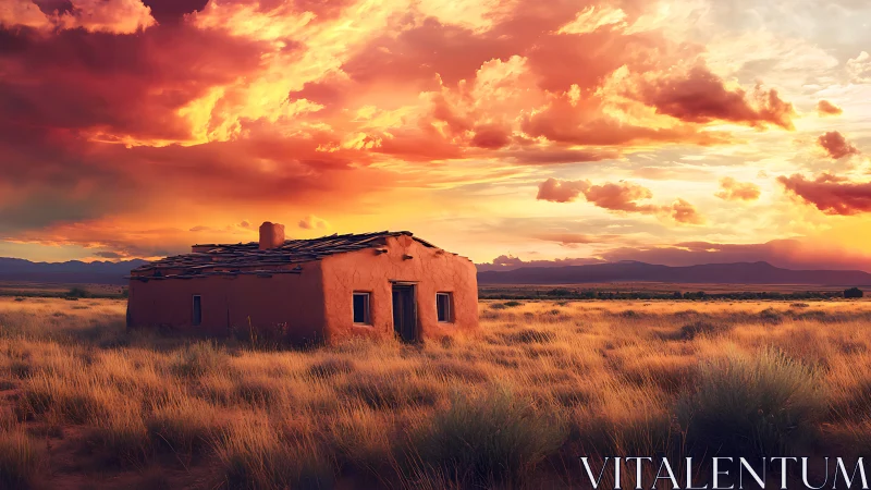 Sunlit desert adobe home under a glowing sunset sky.