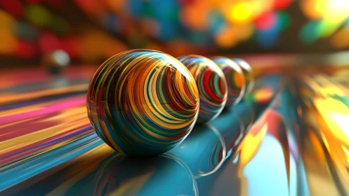 Glowing glass orbs roll across a vivid abstract surface.