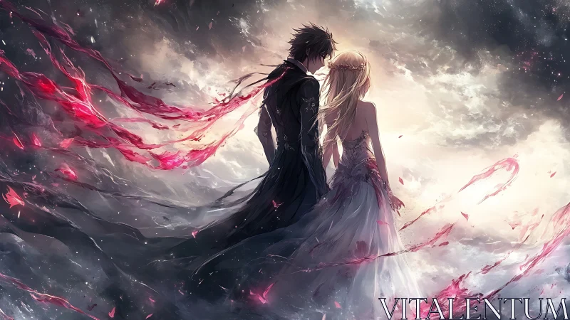 Starlit anime couple in swirling crimson ethereal ribbons