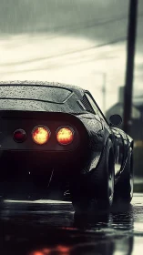 Classic sports car rear view on wet urban street at dusk.