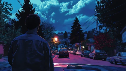 Backlit observer studies neon-tinted residential street perspective