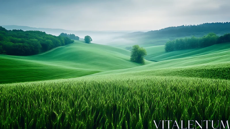 Soft morning mist rolls over gentle green country hills