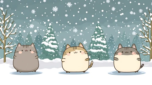 Three Cats in Snowy Landscape with Falling Snow and Trees