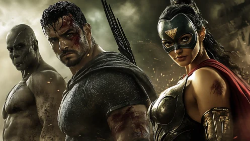 Armored superheroes and warrior in dramatic battle scene.