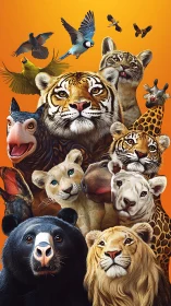 Multi-species composite wildlife portrait with hierarchical compositional arrangement against warm g