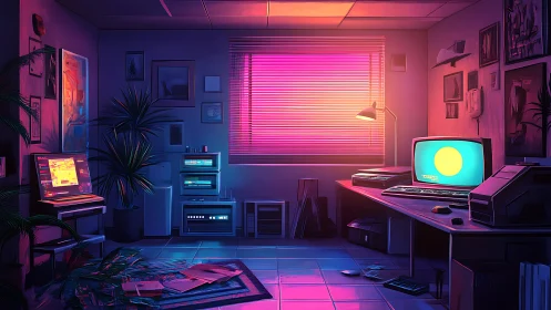 Neon-lit retro computer studio with magenta window glow.