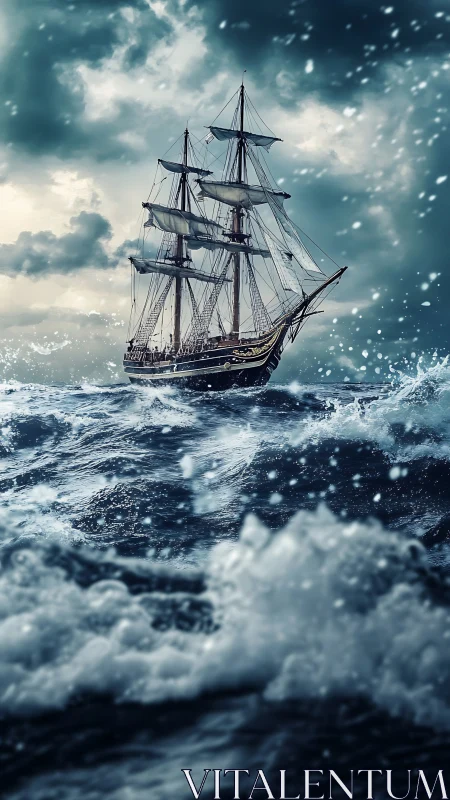 Square-rigged tall ship under storm-tossed ocean dynamics.