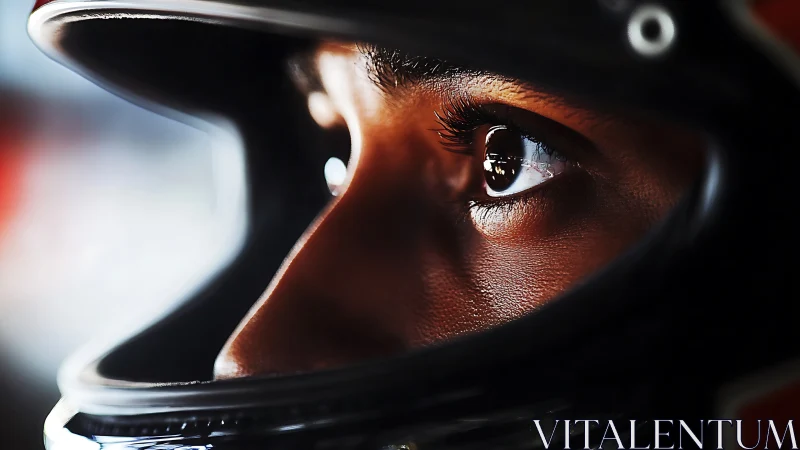 Focused racer’s gaze framed within glossy black helmet.