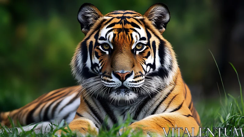 Resting Bengal tiger holds steady gaze in lush grass
