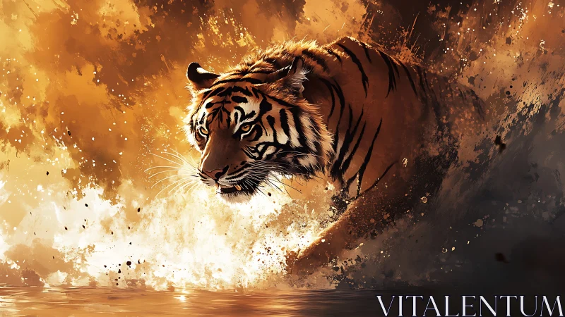 Dynamic digital painting of a tiger erupting through water spray.