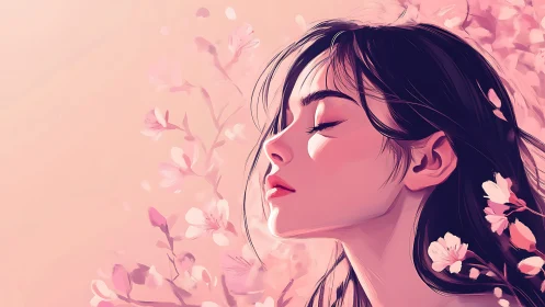 Serene woman in pink blossom haze, soft digital portrait.