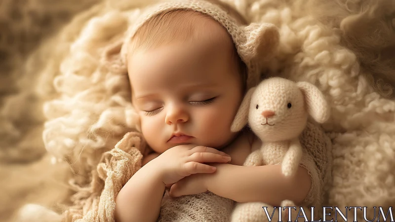 Sleeping Newborn with Knit Lamb Companion in Warm Neutral Setting.