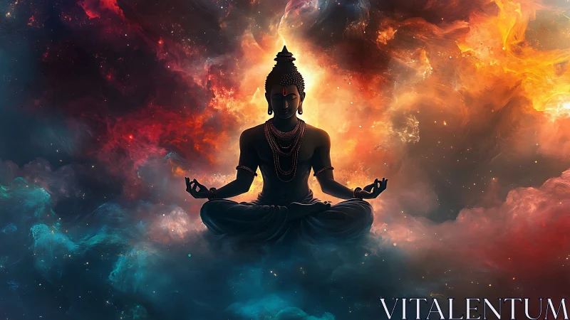 Meditating Buddha silhouette centered in high-contrast cosmic nebula