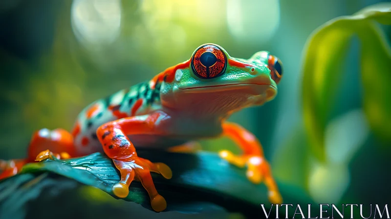 Macro portrait of vibrant red-eyed tree frog on wet leaf