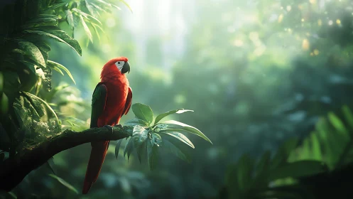 Scarlet macaw on dewy rainforest branch in volumetric light.
