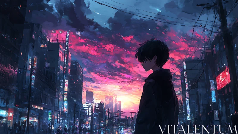 City sunset wraps a quiet anime boy in neon evening light