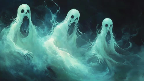 Spectral trio emerging from swirling turquoise mist.