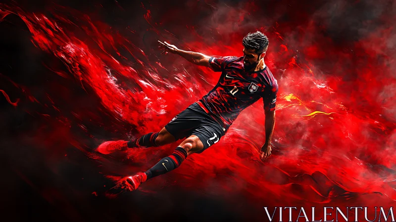Dynamic soccer player sliding through intense red smoke.