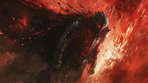 Armored infernal wraith emerges through turbulent red energy field