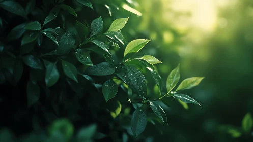 Dew-covered green leaves in soft morning backlight.