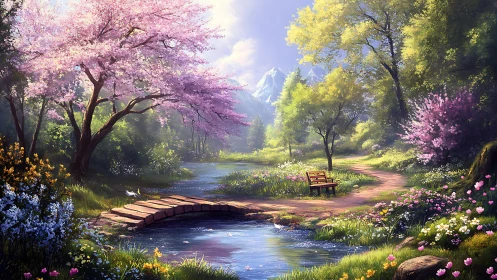 Tranquil Spring Garden With Blossoming Trees And Wooden Bridge.