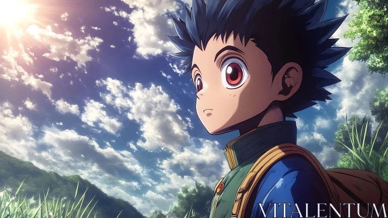 Young explorer studies radiant sky over lush valley.