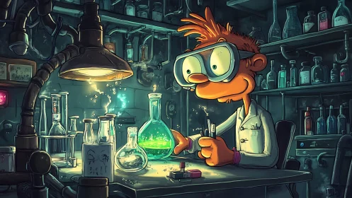 Curious cartoon scientist delights in a glowing lab experiment