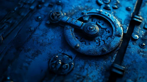 Midnight lockwheel guarding a weathered iron mystery door.