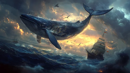Colossal whale breaching above storm-tossed tall ship seascape.