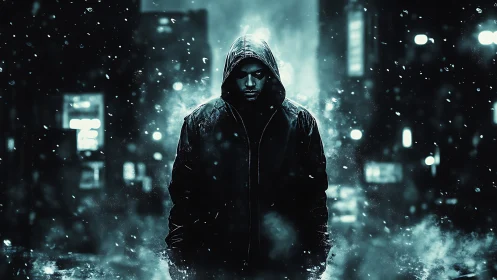 Hooded lone figure stands in a neon-lit snowstormed city night