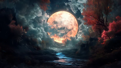 Crimson moonrise over whispering river in dreamthick forest.