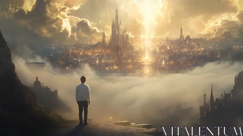 Solitary figure observing luminous city above clouds.