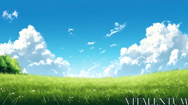 Summer meadow stretches under towering cumulus clouds.