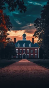 Twilight manor stands beneath ember clouds and brooding trees.