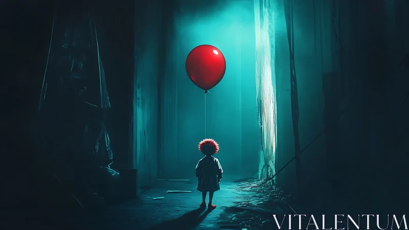 Child with red balloon in dark eerie corridor scene.
