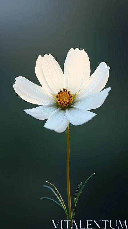 White Cosmos Flower with Golden Center Against Dark Backdrop.