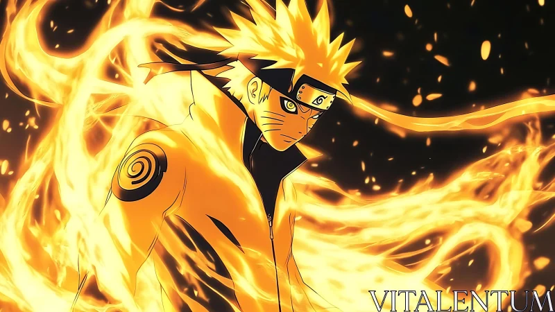 Fiery anime warrior commands swirling golden chakra flames.