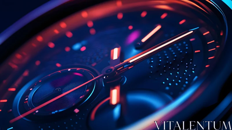 Modern analog watch face in neon lighting, macro close-up style.