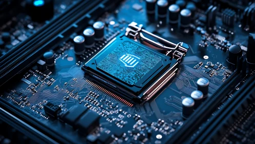 Close view of illuminated CPU on dense blue motherboard.