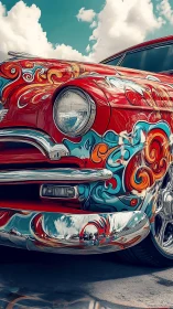 Digital painting of custom lowrider with ornate chrome detailing.